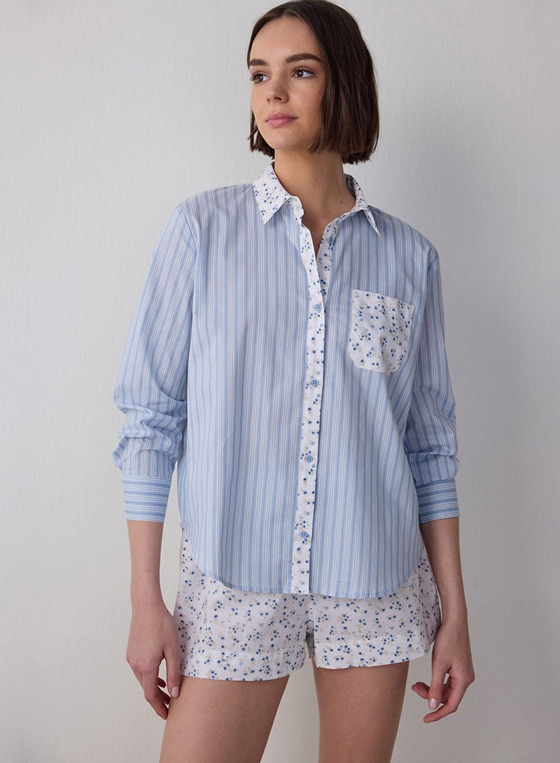 بنتي طقم بيجامة بأكمام طويلة وياقة قميص وشورت - Image 1